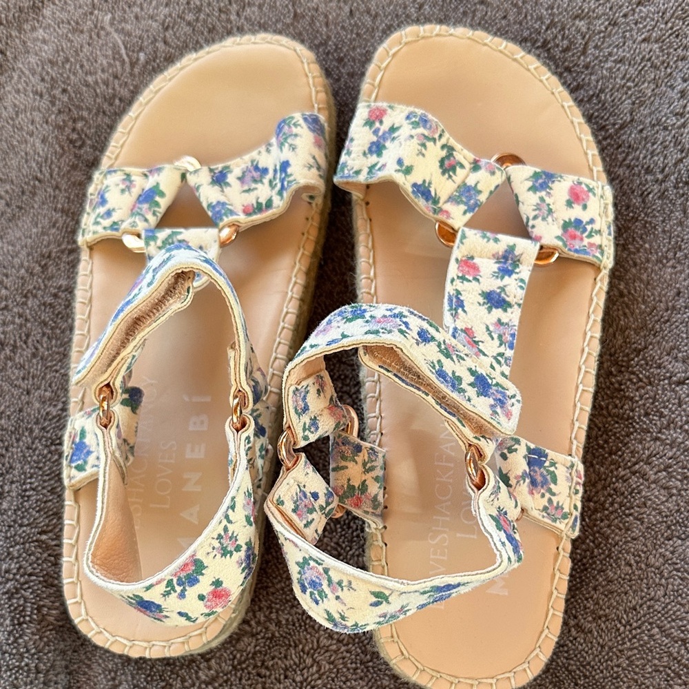 LoveShackFancy Floral Sandals in Cream and Blue